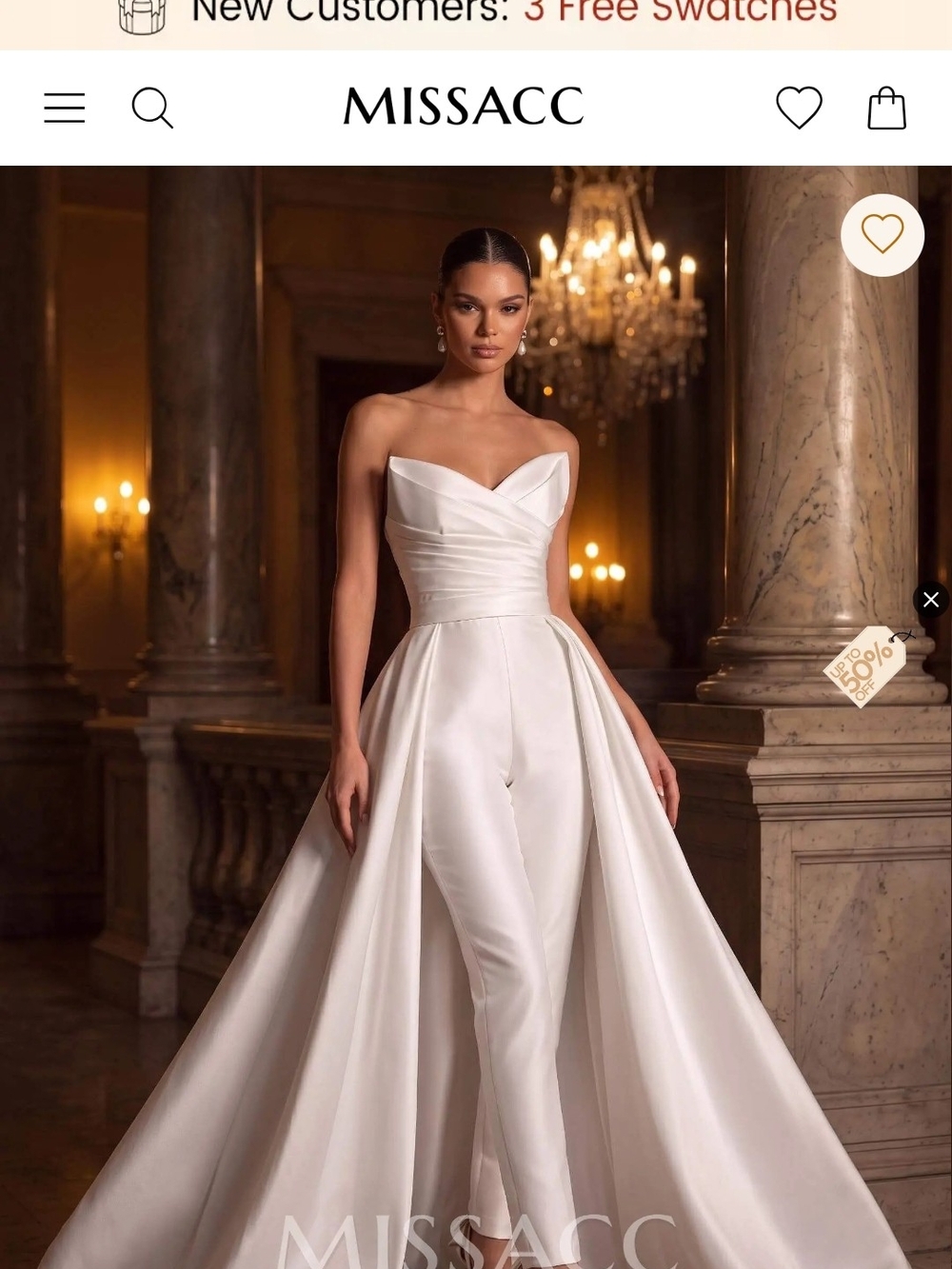 MISSACC White Strapless Satin Jumpsuit Gown with Overskirt